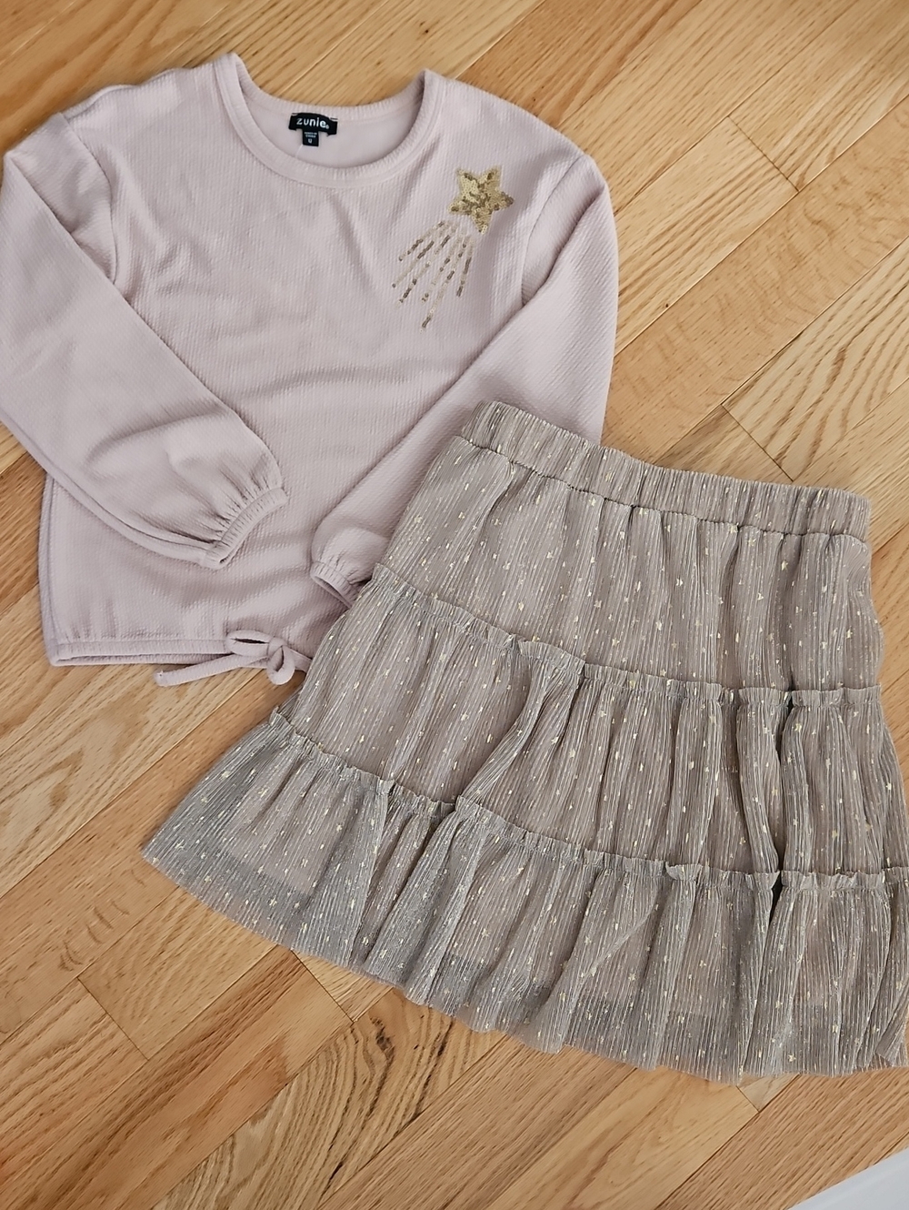 Zunie Pink Knit Top with Gold Star & Taupe Tiered Skirt Set